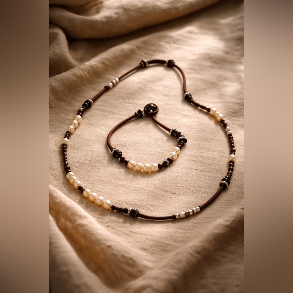 Retired Signed Silpada 925 Sterling Freshwater Pearl Leather Necklace + Bracelet - Picture 3 of 9